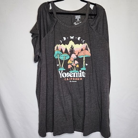 6X 30W Torrid Grey Yosemite California Cold Shoulder Tee Mushroom Hippie Nature - Picture 2 of 9